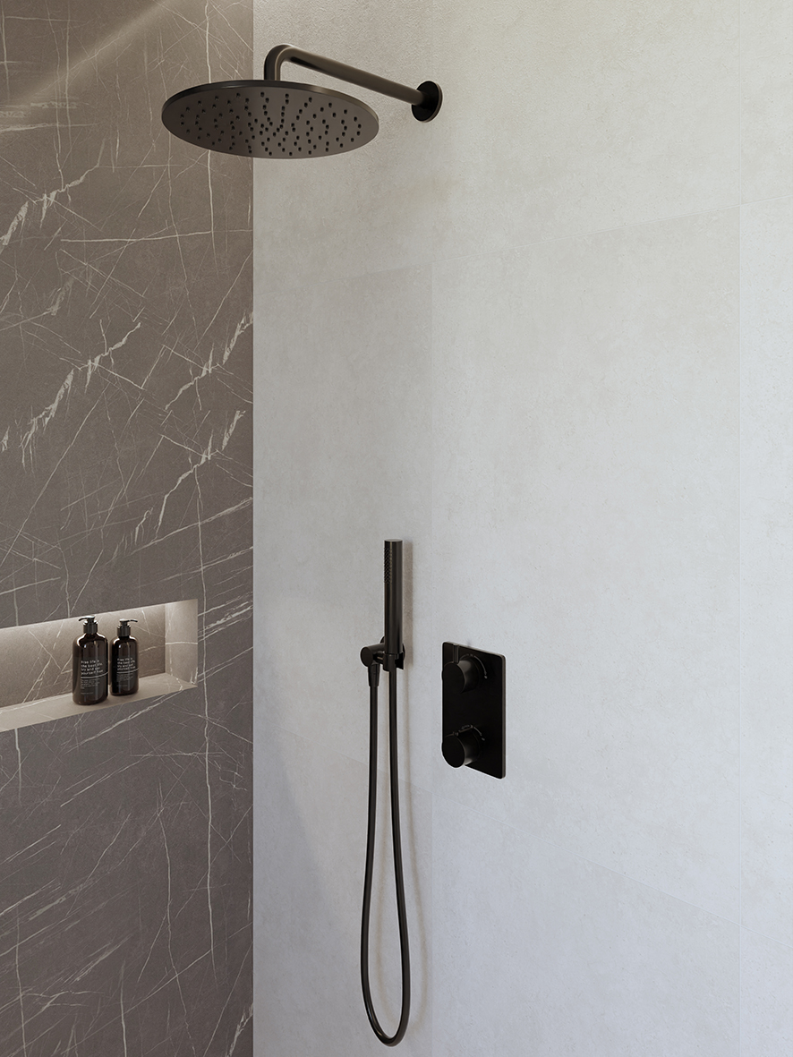 Caral inbouwthermostaat compleet met hoofddouche 30 cm en staafhanddouche mat zwart