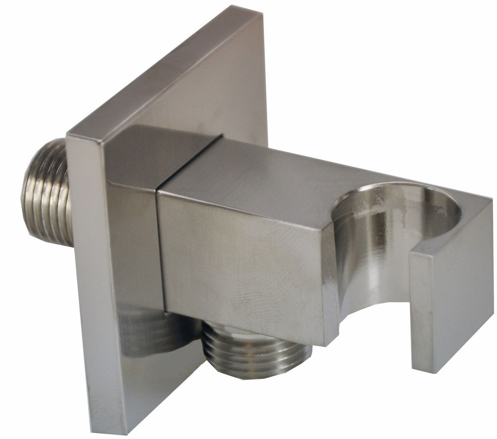 Rombo wandaansluitbocht met handdouchehouder vierkant 1/2" geborsteld staal PVD