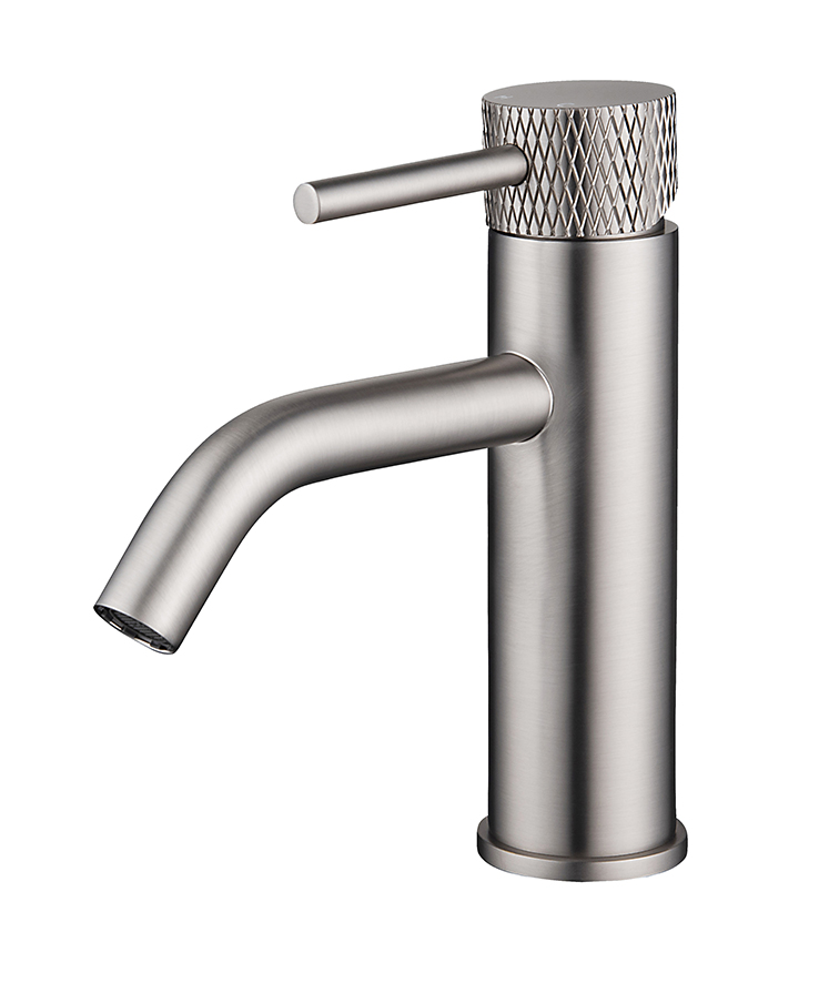 Ribbd wastafelkraan met coldstart geborsteld staal PVD