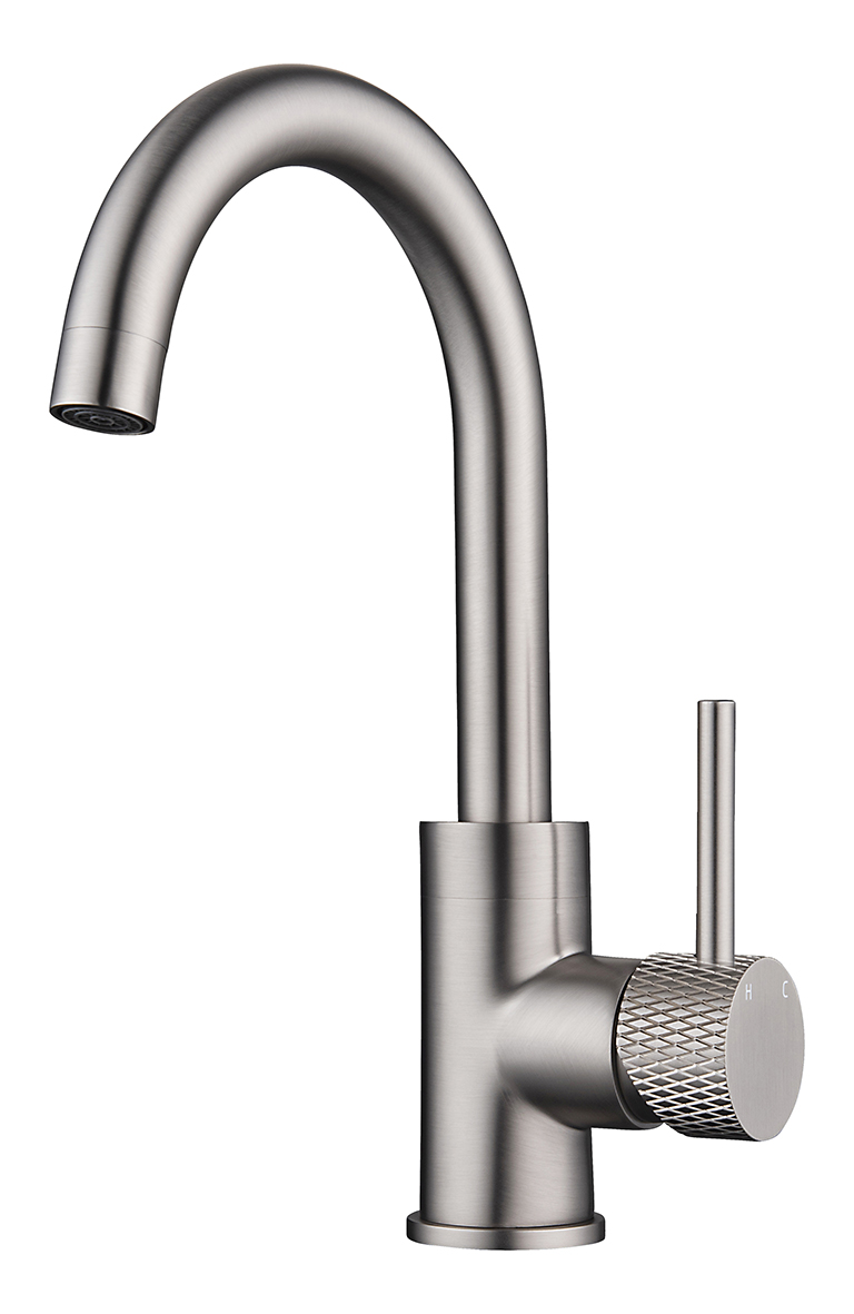 Ribbd wastafelkraan met draaibare uitloop en coldstart geborsteld staal PVD