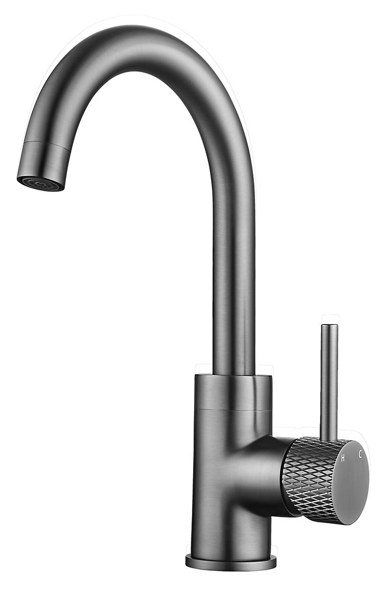 Ribbd wastafelkraan met draaibare uitloop en coldstart gunmetal PVD