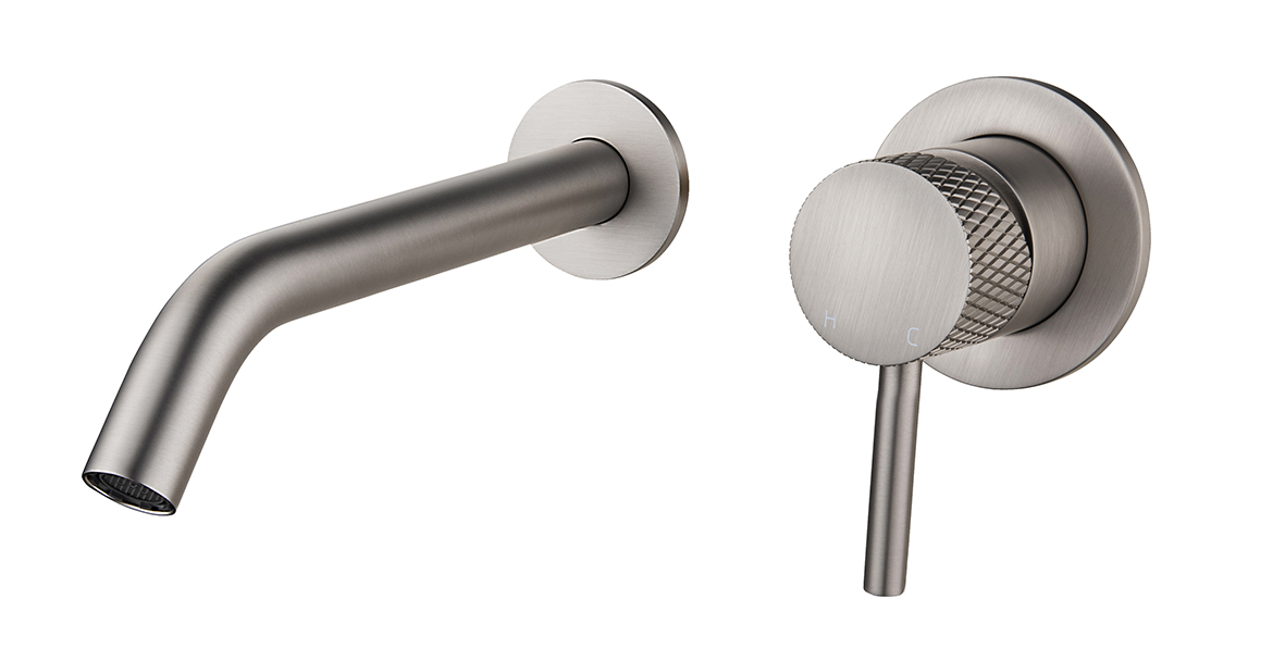 Ribbd eenhendel wastafelkraan met coldstart inbouw compleet geborsteld staal PVD