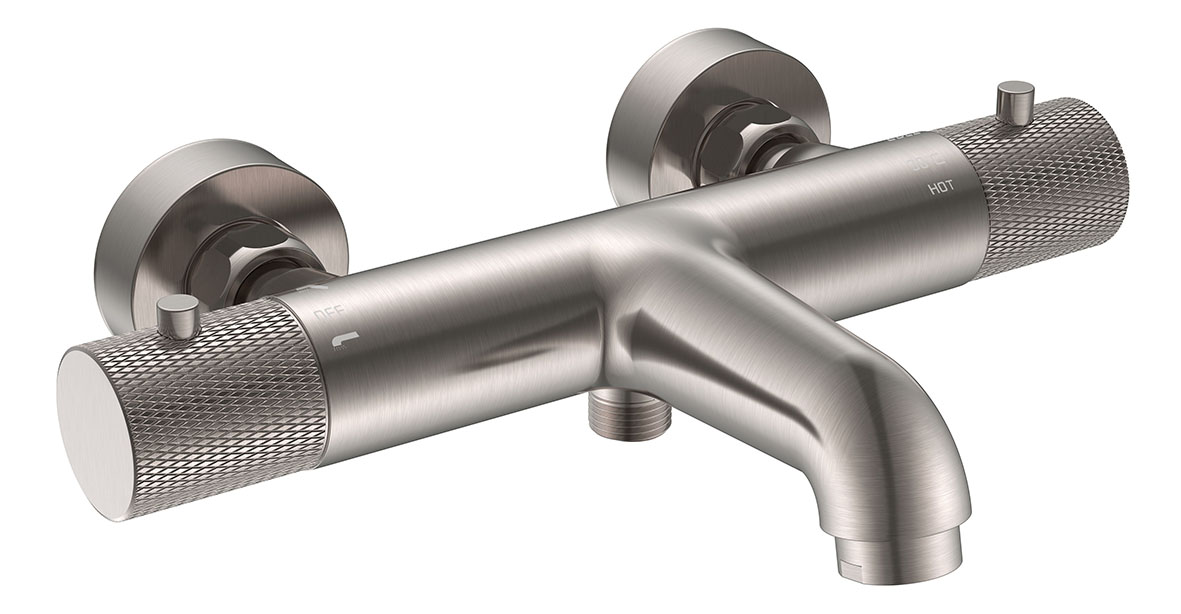 Ribbd thermostatische badmengkraan hartafstand 15 cm geborsteld staal PVD