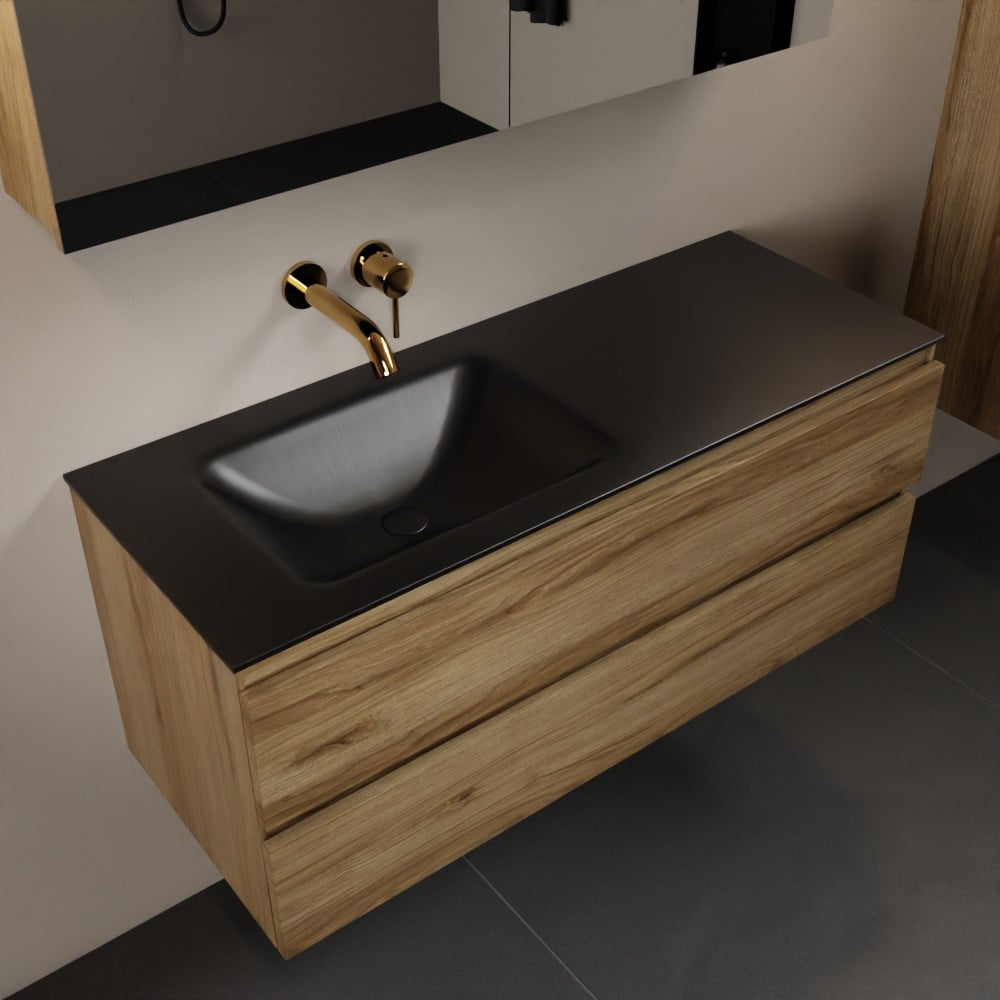 MONDIAZ AIVY 120cm badmeubel Chai, wastafel Urban solid surface links zonder kraangat met spiegelkast