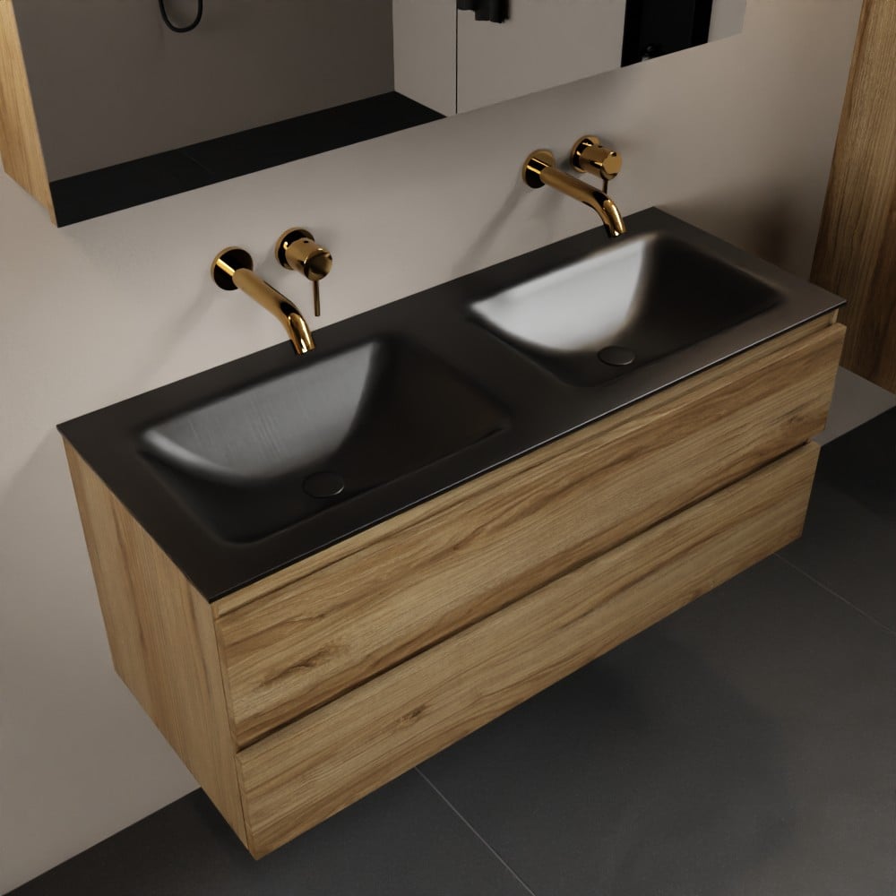 MONDIAZ AIVY 120cm badmeubel Chai, wastafel Urban solid surface dubbel zonder kraangat met spiegelkast