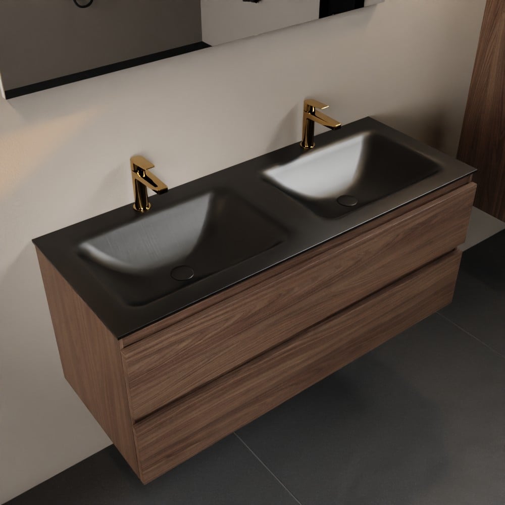 MONDIAZ AIVY 120cm badmeubel Mocha, wastafel Urban solid surface dubbel 2 kraangaten met spiegel