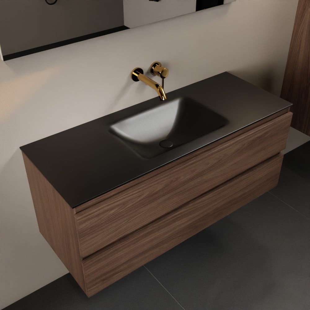 MONDIAZ AIVY 120cm badmeubel Mocha, wastafel Urban solid surface midden zonder kraangat met spiegel
