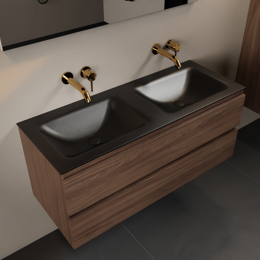 MONDIAZ AIVY 120cm badmeubel Mocha, wastafel Urban solid surface dubbel zonder kraangat met spiegel