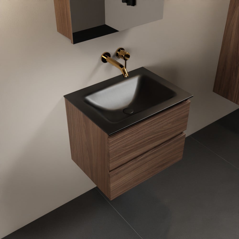 MONDIAZ AIVY 60cm badmeubel Mocha, wastafel Urban solid surface midden zonder kraangat met spiegelkast