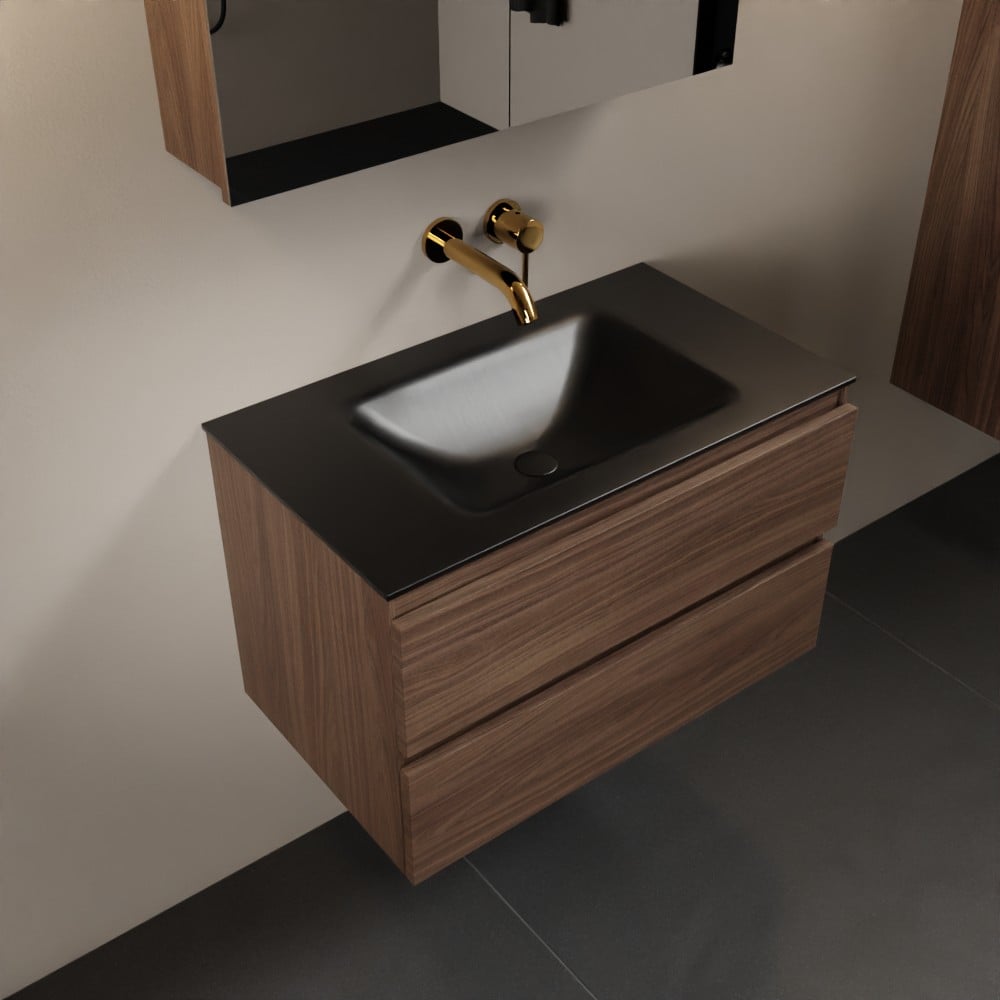 MONDIAZ AIVY 80cm badmeubel Mocha, wastafel Urban solid surface midden zonder kraangat met spiegelkast