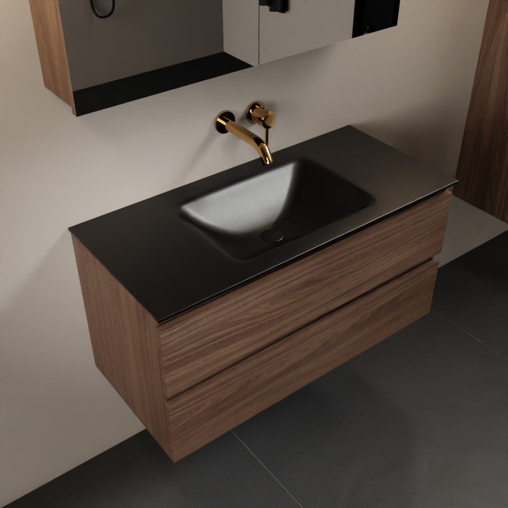 MONDIAZ AIVY 100cm badmeubel Mocha, wastafel Urban solid surface midden zonder kraangat met spiegelkast