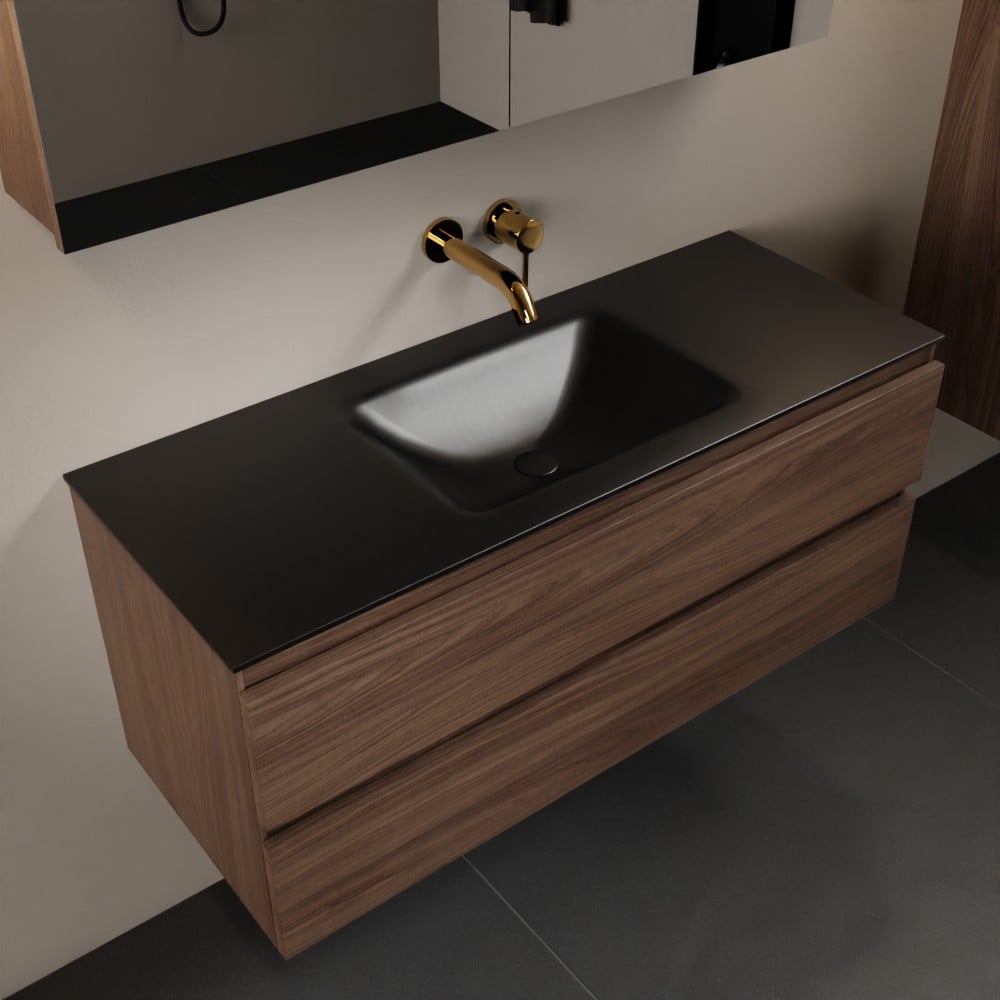 MONDIAZ AIVY 120cm badmeubel Mocha, wastafel Urban solid surface midden zonder kraangat met spiegelkast