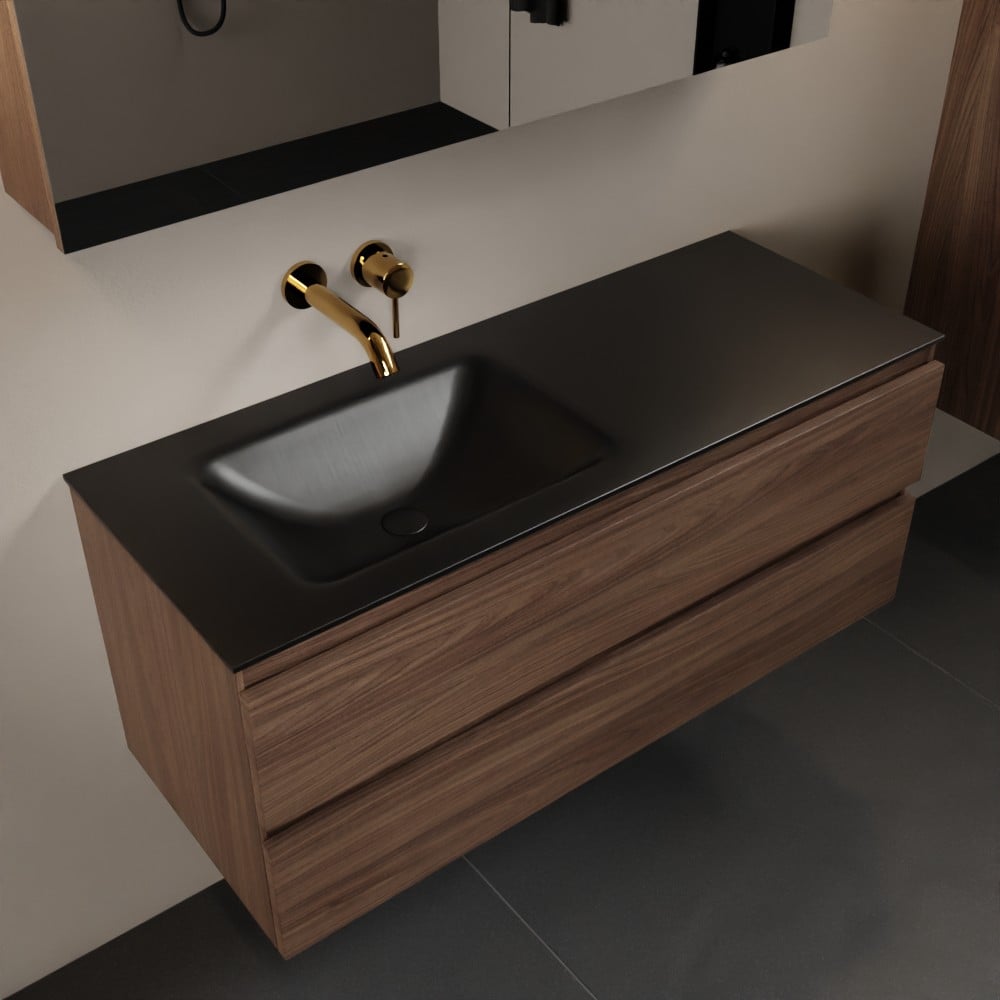 MONDIAZ AIVY 120cm badmeubel Mocha, wastafel Urban solid surface links zonder kraangat met spiegelkast