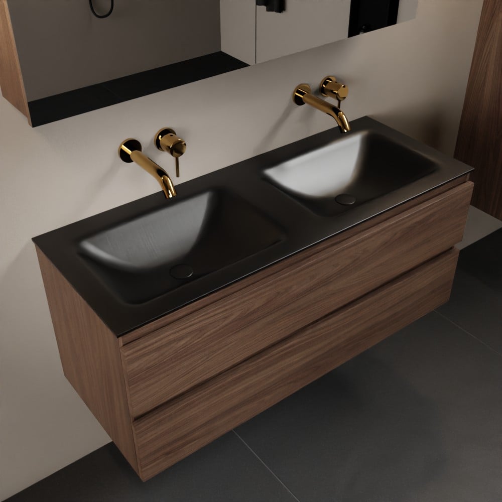 MONDIAZ AIVY 120cm badmeubel Mocha, wastafel Urban solid surface dubbel zonder kraangat met spiegelkast