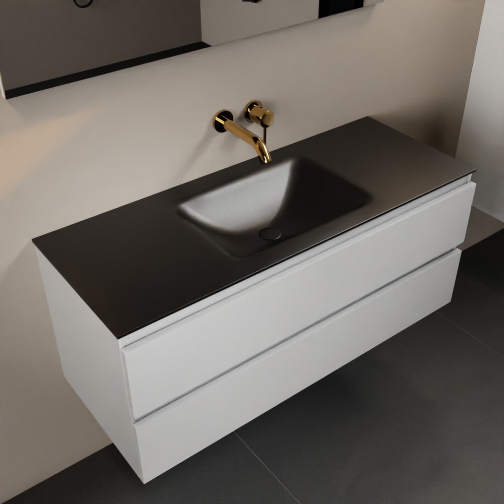MONDIAZ AIVY 120cm badmeubel Talc, wastafel Urban solid surface midden zonder kraangat met spiegel