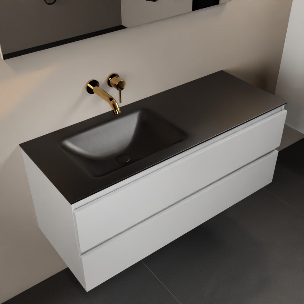 MONDIAZ AIVY 120cm badmeubel Talc, wastafel Urban solid surface links zonder kraangat met spiegel