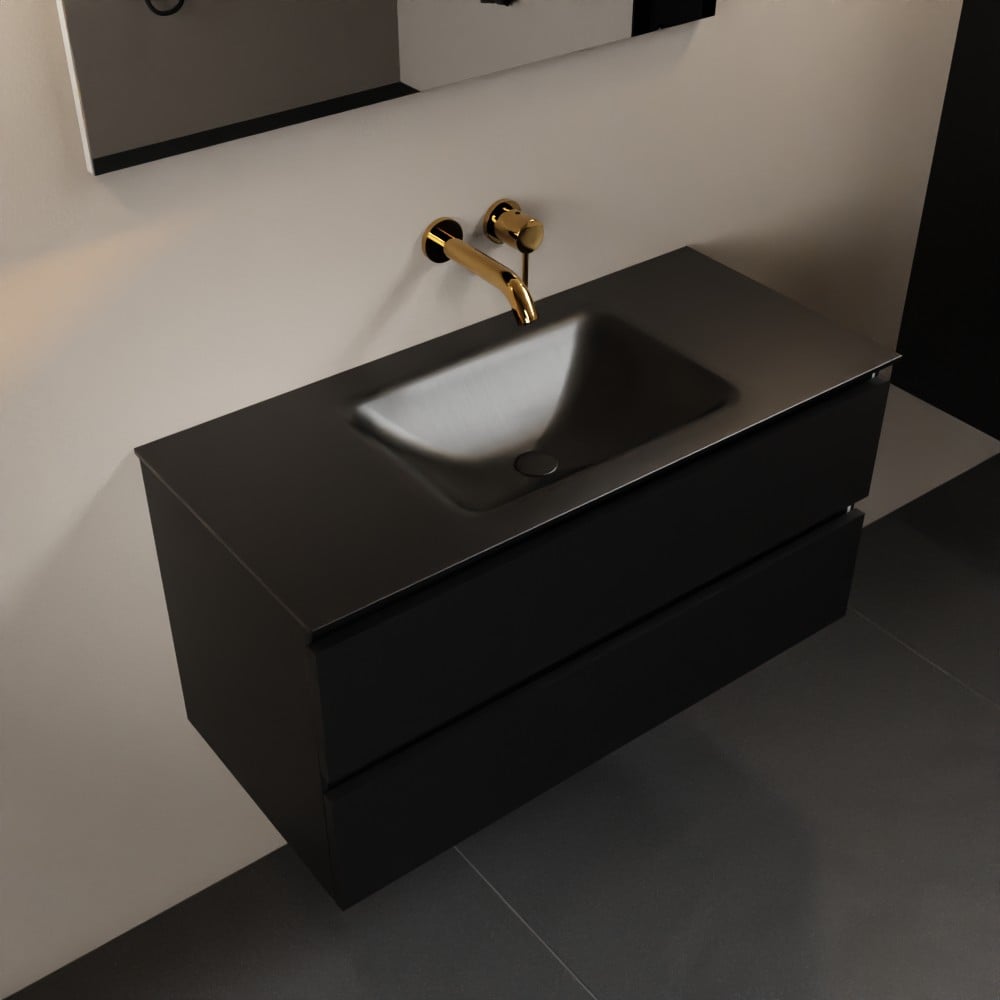 MONDIAZ AIVY 100cm badmeubel Urban, wastafel Urban solid surface midden zonder kraangat met spiegel