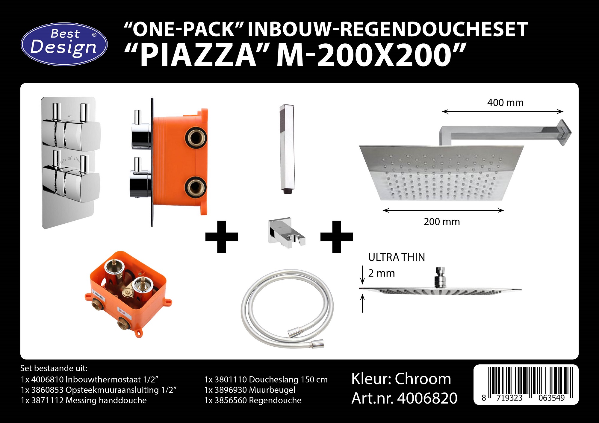 BD - One pack inbouw-regendoucheset & Inb.box Piazza vierkant M-200x200
