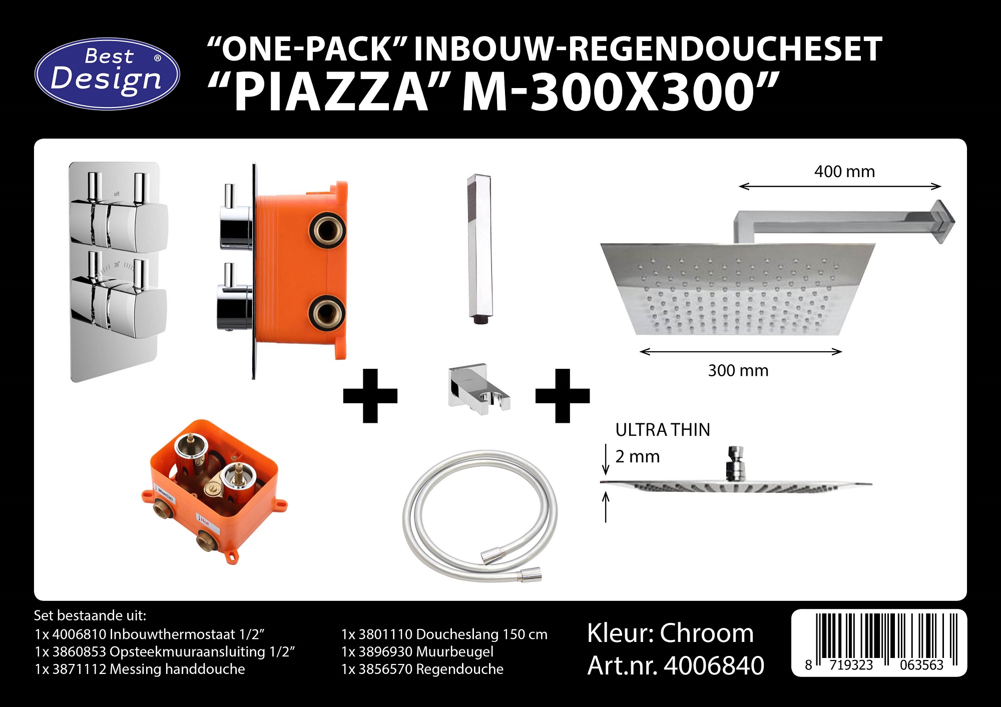 BD - One pack inbouw-regendoucheset & Inb.box Piazza vierkant M-300x300