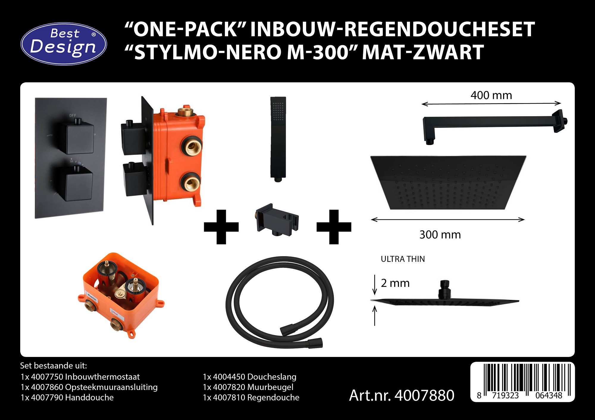 BD - One-Pack inbouw-regendoucheset Stylmo-Nero M-300 Mat-Zwart