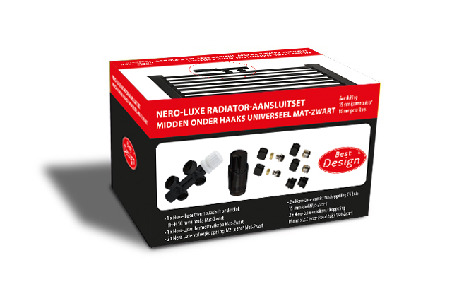 BD - Nero-Luxe radiator-aansluitset Midden onder Haaks universeel Mat-Zwart (DS-ROOD)