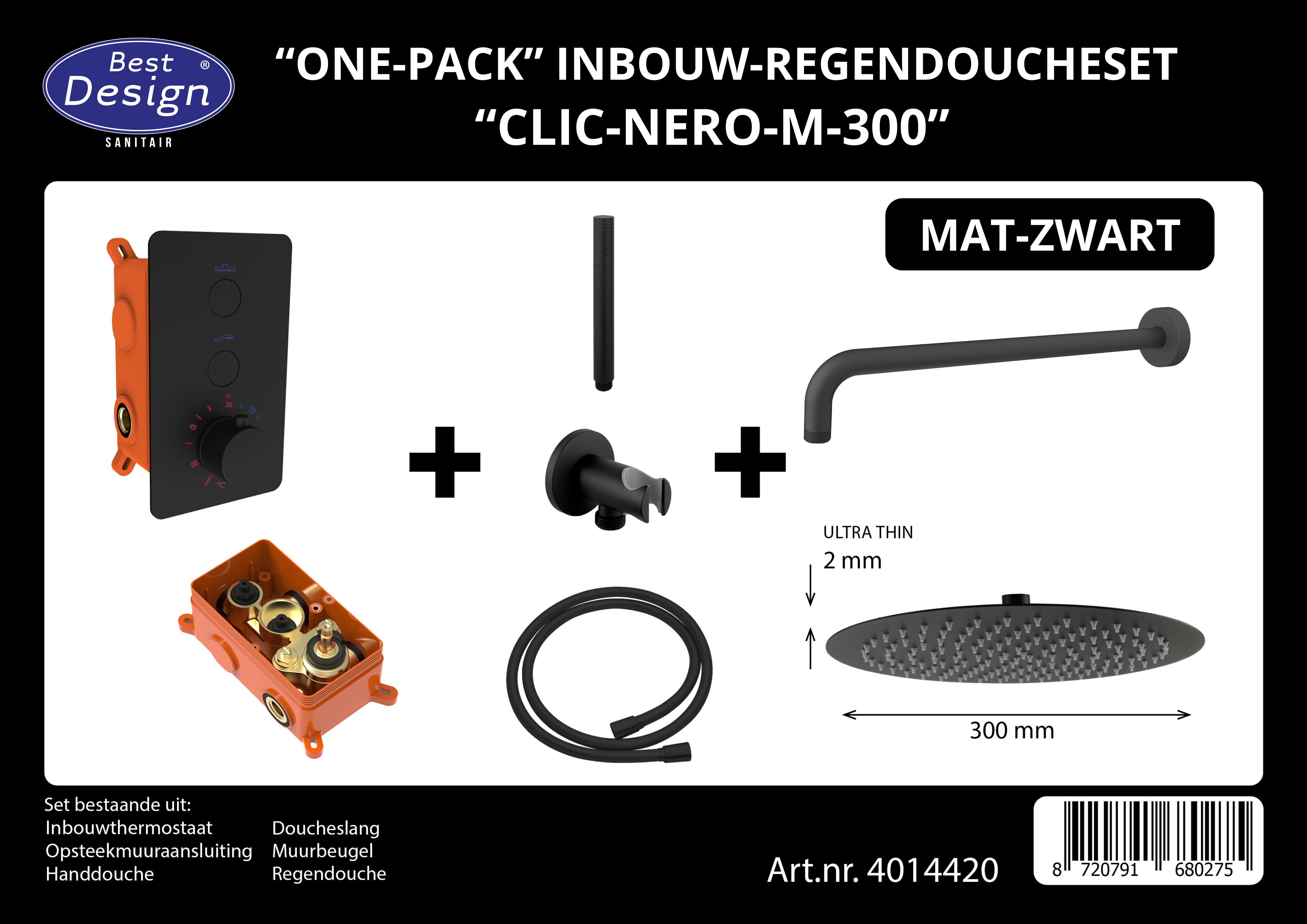 BD - One-Pack inbouw-regendoucheset Clic-Nero-M-300 mat-zwart