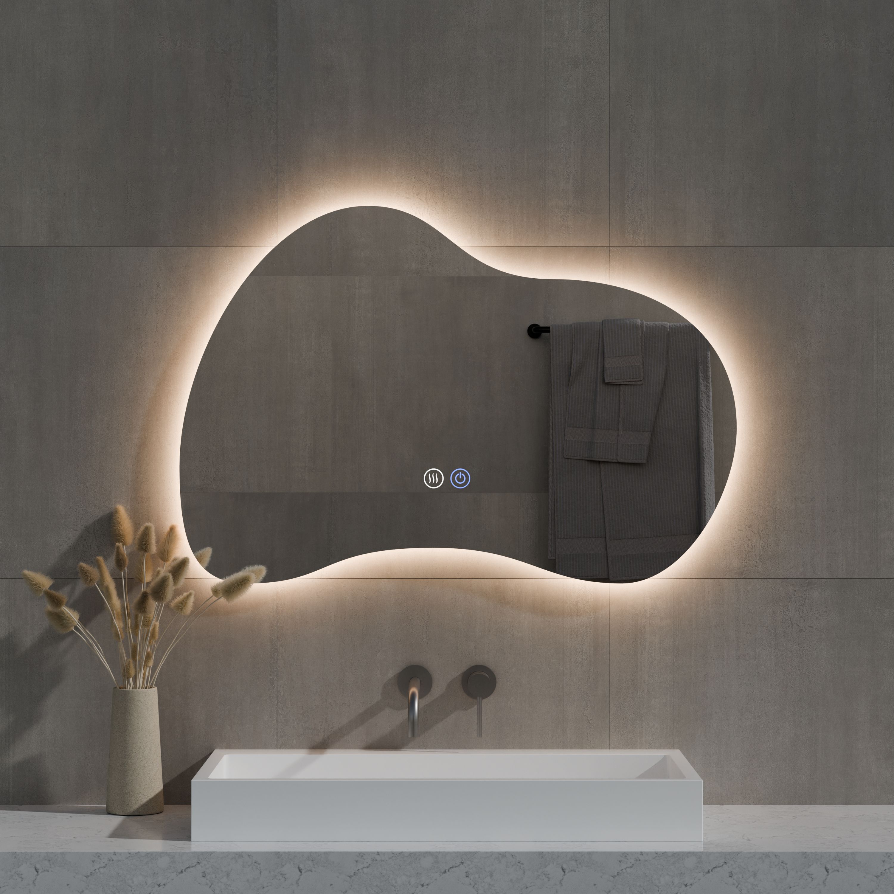 BD - Strange organische spiegel incl. verwarming, 3 kleuren LED verlichting, dimbaar 100x70 cm