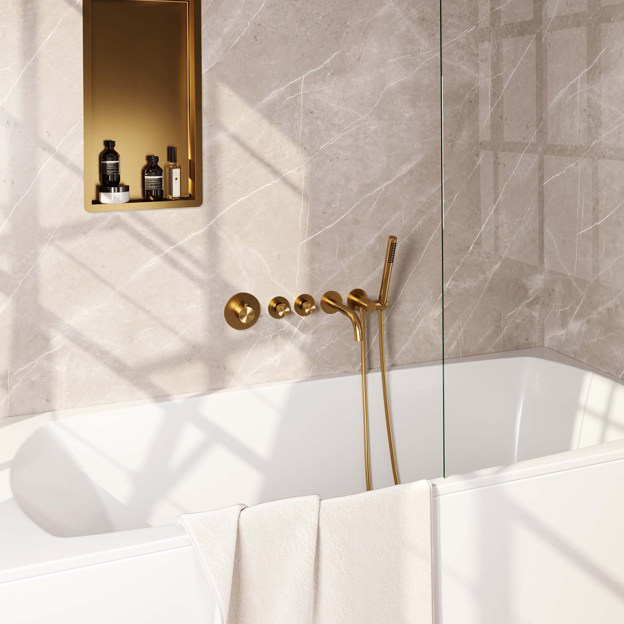 BRAUER Gold Edition thermostatische inbouw badkraan SET 01 met uitloop en staaf handdouche en doucheslang en wandaansluitbocht goud geborsteld PVD